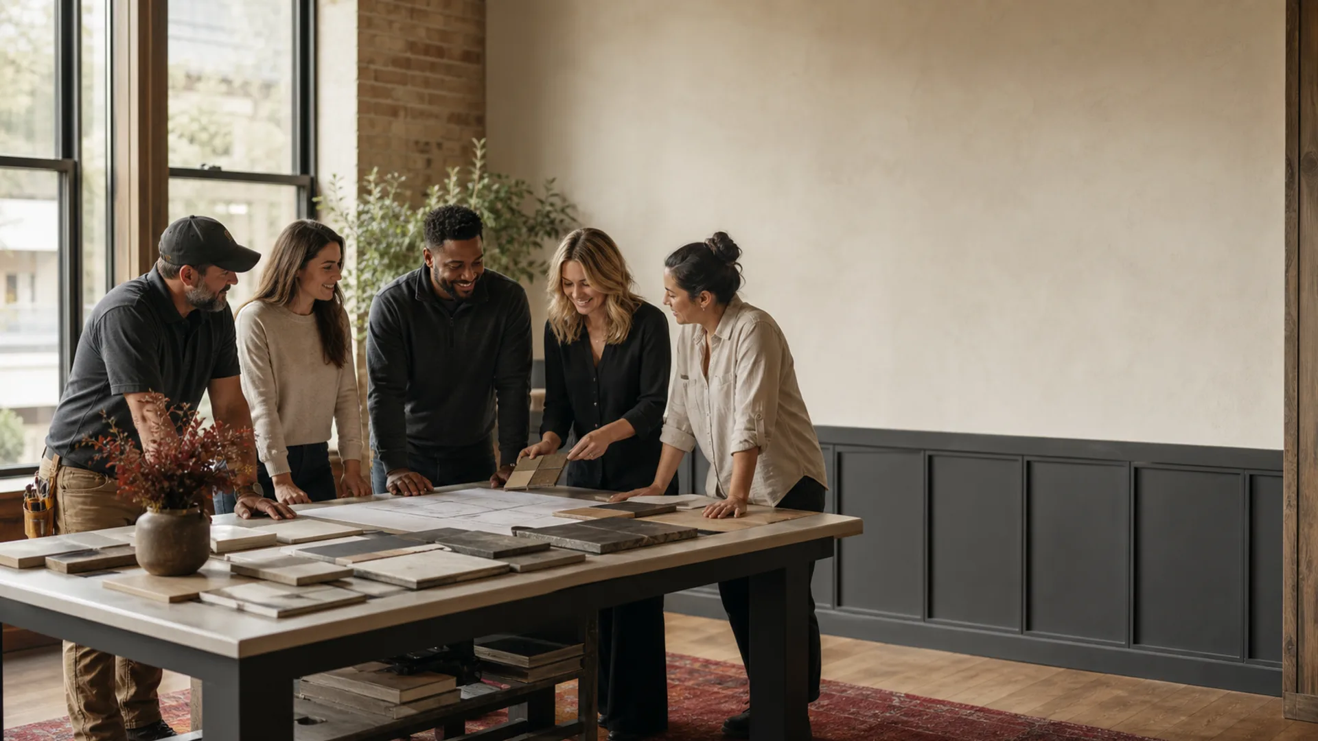 Atmospheric image of a collaborative field and office team reviewing material samples, created for the KY Pro Careers experience