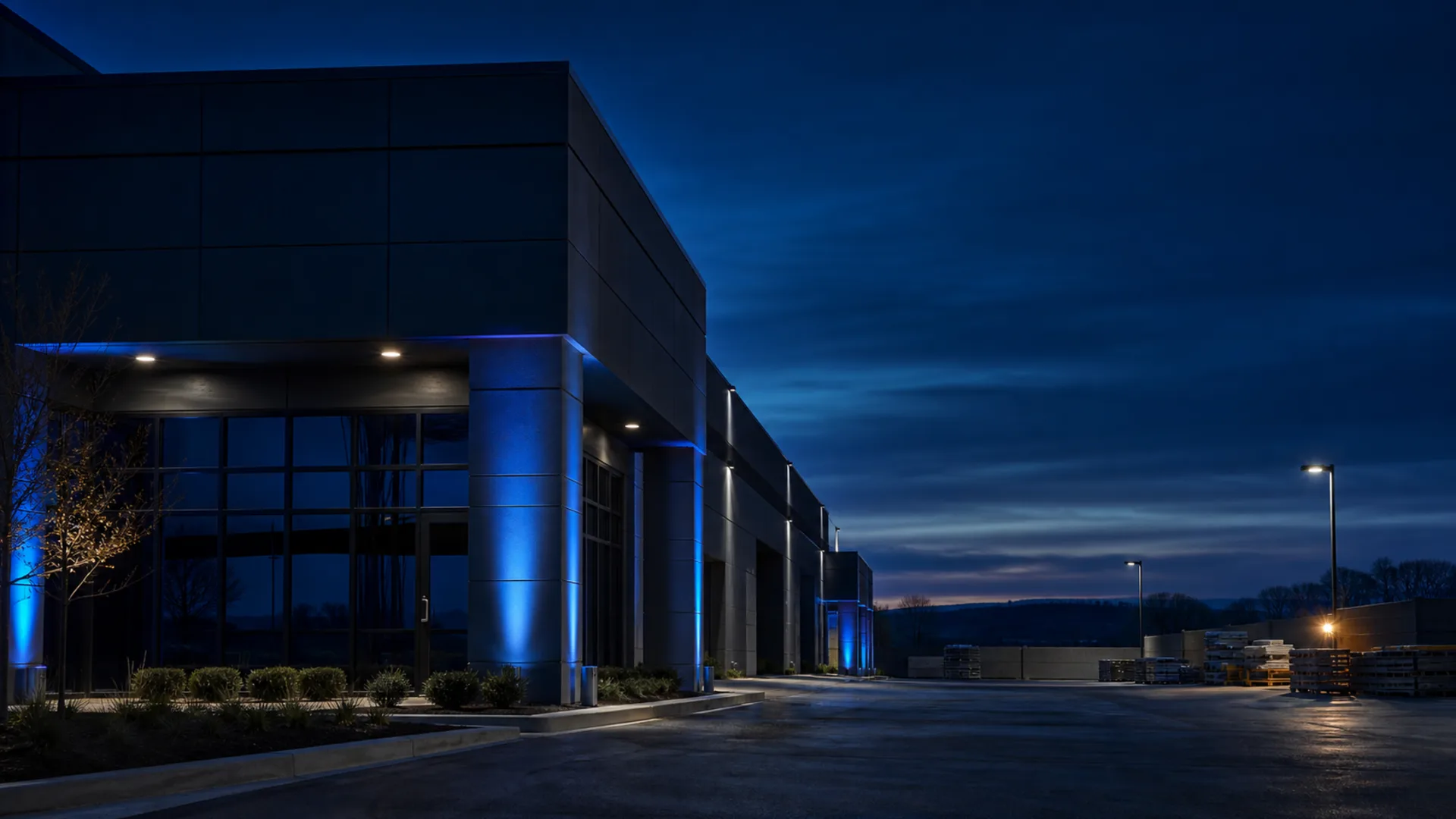 Atmospheric image of a modern commercial property at blue hour, created for the KY Pro Commercial experience
