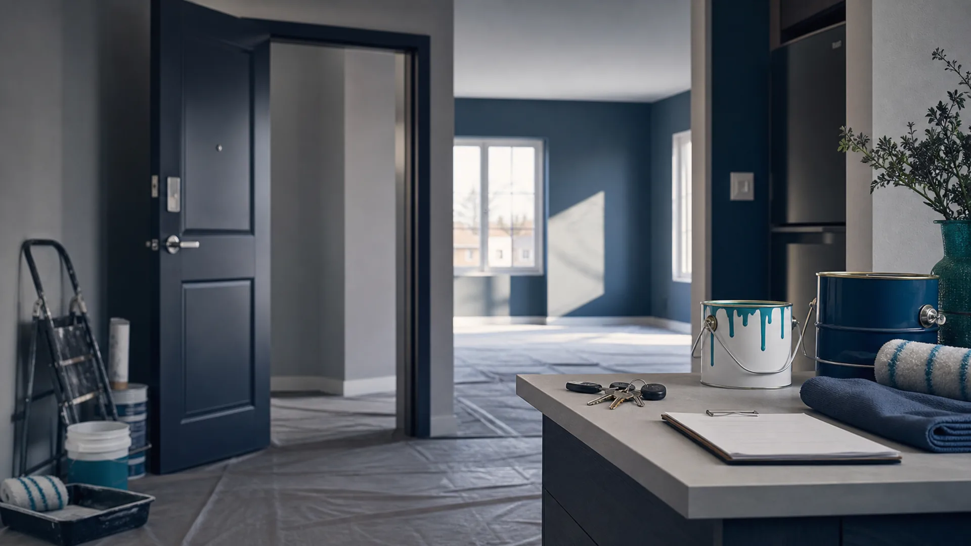 Atmospheric apartment turnover scene with paint supplies and keys, created for the KY Pro Property Management experience