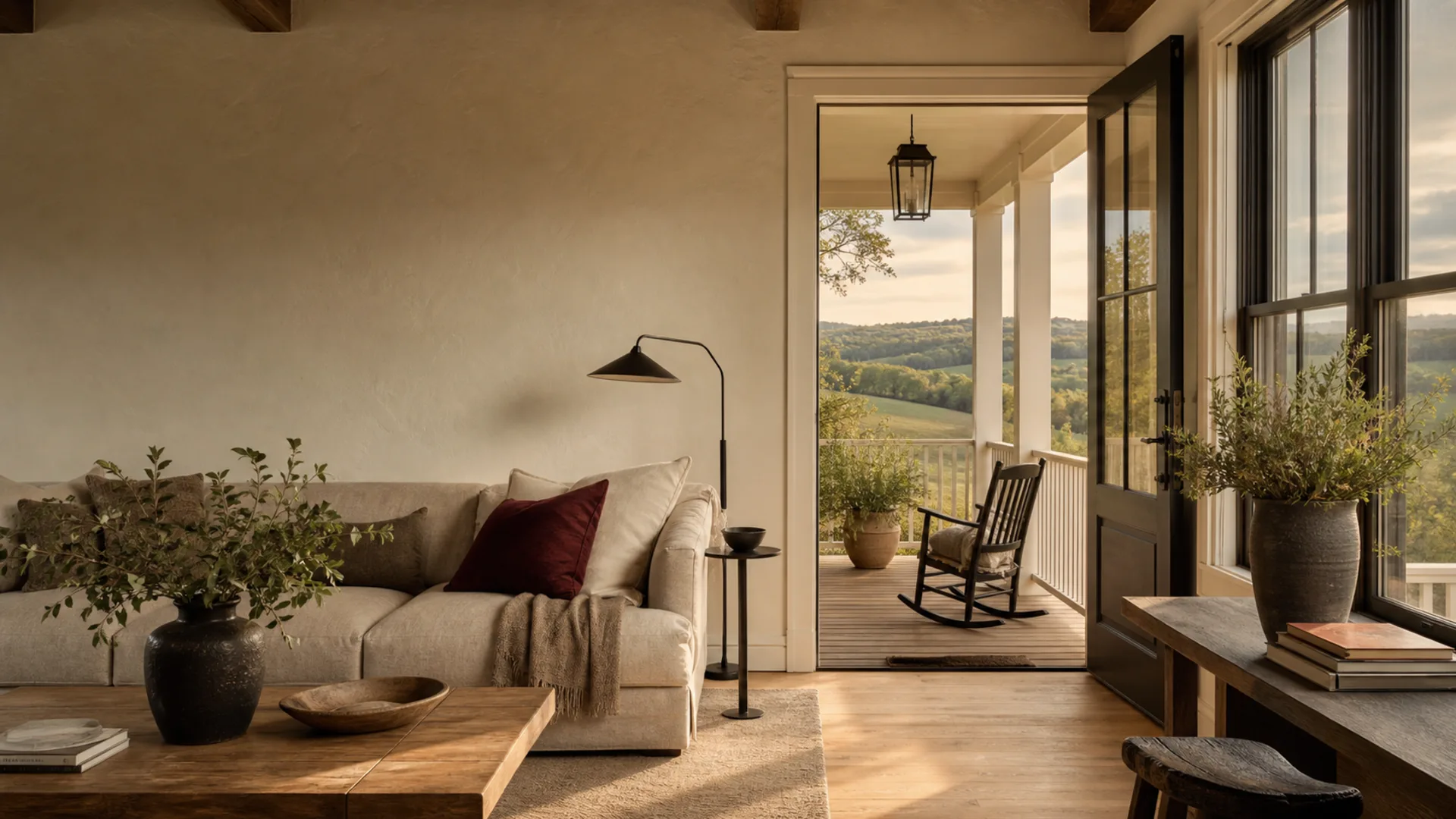 Atmospheric editorial image of a warm Kentucky home interior and porch, created for the KY Pro Residential experience