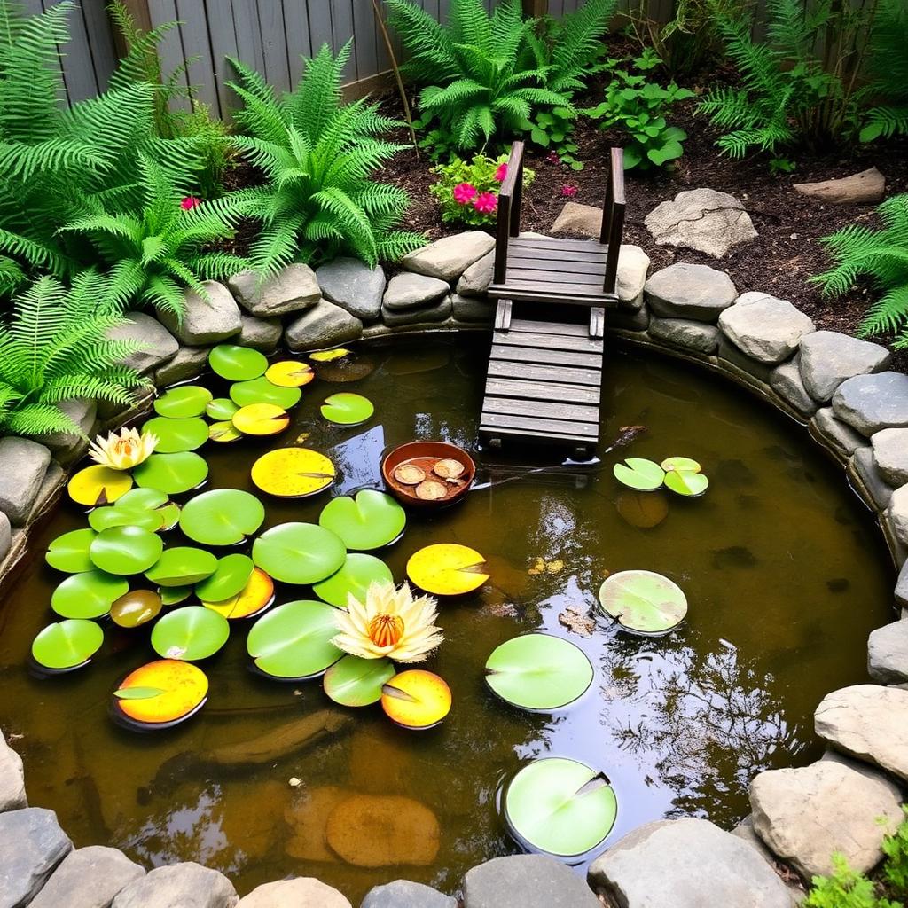 Completed backyard ornamental pond with stone edging